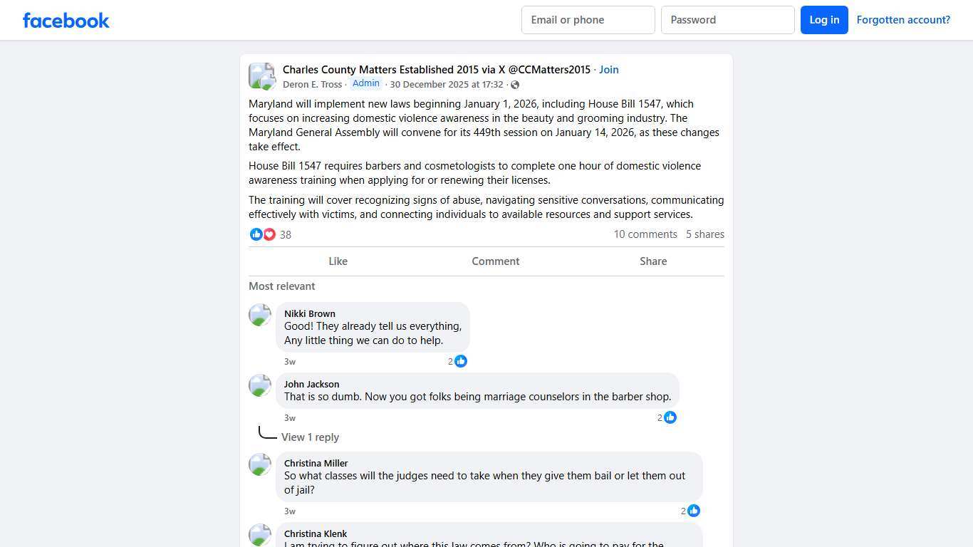Charles County Matters Established 2015 via X @CCMatters2015 Maryland will implement new laws beginning January 1, 2026, including House Bill 1547, which focuses on increasing domestic violence awareness in the ... Facebook